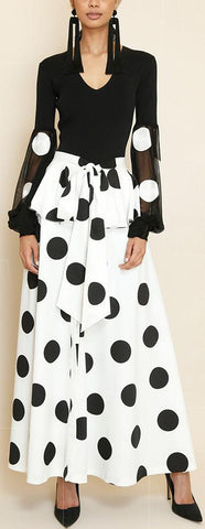 Polka Dot Print V-Neck Blouse and Peplum Skirt Set