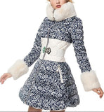 Porcelain Printed Fur-Trimmed A-Line Feather-Down Coat - DESIGNER INSPIRED FASHIONS