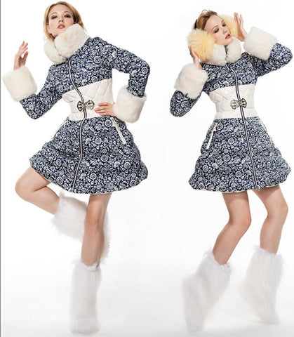 Porcelain Printed Fur-Trimmed A-Line Feather-Down Coat - DESIGNER INSPIRED FASHIONS