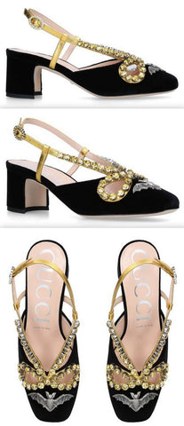 Velvet Pump with Bat and Crystals, Black