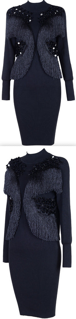 Black Embellished Fringed Knit Dress