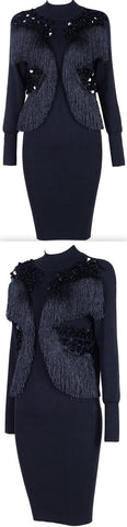 Black Embellished Fringed Knit Dress