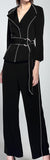 Belted Black Blazer with Contrast Piping and Wide-Leg Pant Set