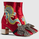 Dragon Satin Mid-Heel Ankle-Boot, Red