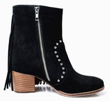 Studded Black Suede Ankle Boots with Multicolored Tassels