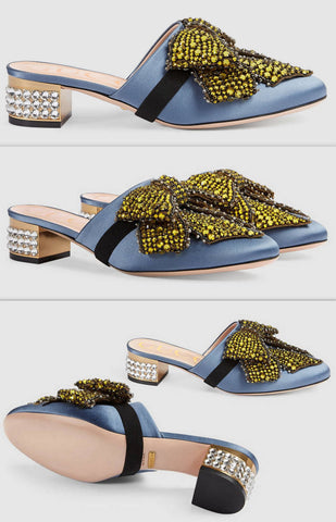 Satin Slipper with Crystal Bow, Blue - DESIGNER INSPIRED FASHIONS