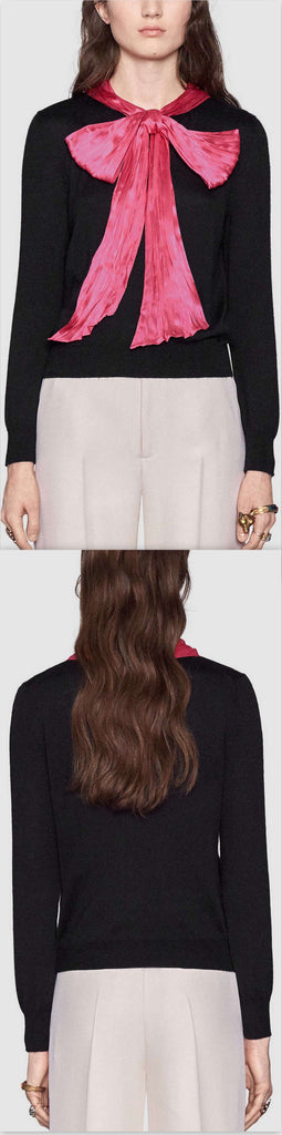 Black Knit Sweater with Pleated Bow