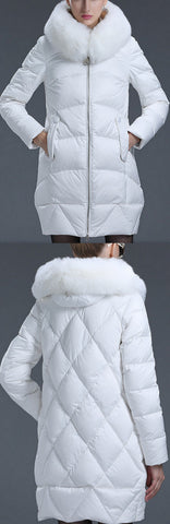 Puffer Down Coat with Removable Fur, White