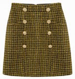 Button-Embellished High-Neck Sweater and Tweed Mini Skirt Set
