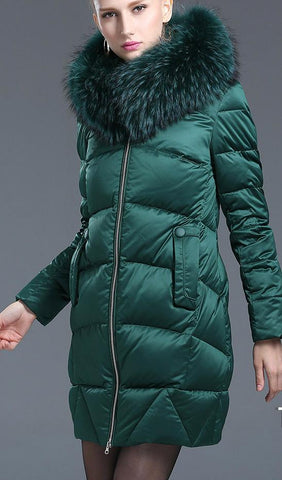 Puffer Down Coat with Removable Fur, Green