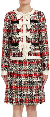Bow-Embellished Tweed Jacket and Skirt Set