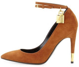 Padlock & Key Embellished Suede Pumps in Burgundy or Caramel-Brown - DESIGNER INSPIRED FASHIONS