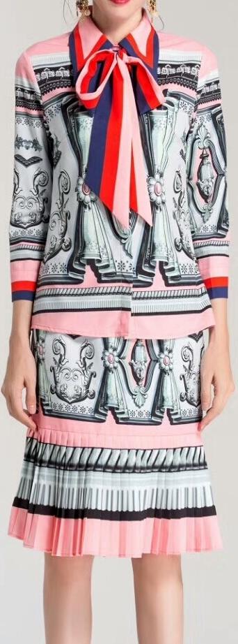 Printed Pussy-Bow Shirt & Pleated Printed Skirt Set