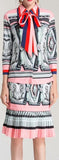 Printed Pussy-Bow Shirt & Pleated Printed Skirt Set