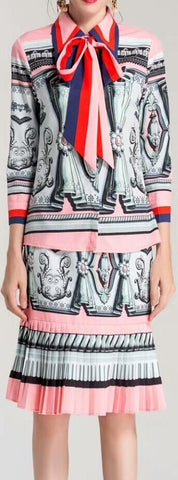 Printed Pussy-Bow Shirt & Pleated Printed Skirt Set