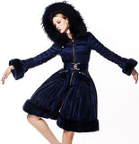 Belted Fur-Trimmed Pleated Down Coat in Blue - DESIGNER INSPIRED FASHIONS