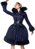 Belted Fur-Trimmed Pleated Down Coat in Blue - DESIGNER INSPIRED FASHIONS
