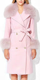 'Adnes' Pink Fox-Fur-Trim Cashmere-Wool Double-Breasted Coat - DESIGNER INSPIRED FASHIONS
