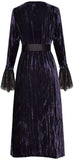 Crushed Velvet Lace-Detail Crimped Belted Dress