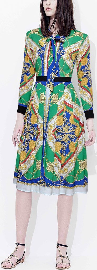 Printed Tie-Neck Pleated Shirt-Dress