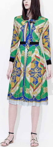 Printed Tie-Neck Pleated Shirt-Dress
