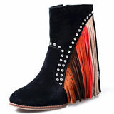 Studded Black Suede Ankle Boots with Multicolored Tassels