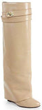 'Shark Lock' Wedge Knee Leather Boots in Beige - DESIGNER INSPIRED FASHIONS