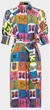 Alphabet Print Silk Midi Shirt Dress