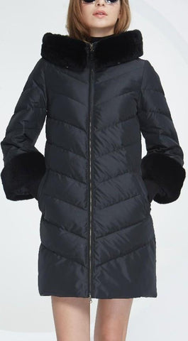 Rabbit Fur-Trimmed Puffer Down Coat, Black