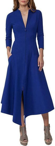 Blue Redingote Zip-front Long-Sleeve Dress