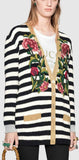 Floral-Embroidered Striped Knit Cardigan Sweater
