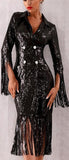 Black Sequin-Embellished Double-Breasted Fringed Dress