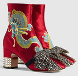 Dragon Satin Mid-Heel Ankle-Boot, Red