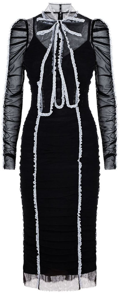 Contrast Piping Ruched Tulle Dress