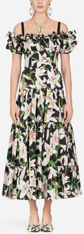 Long Lily Print Poplin Dress