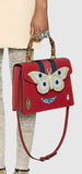Leather Top Handle Bag with Moth, Red