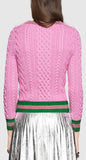 Beaded Shoulder Contrast-Stripe Knit Sweater in Pink - DESIGNER INSPIRED FASHIONS