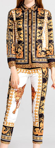 Cheetah and Baroque Printed Shirt and Cropped Pant Set