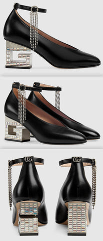 Mid-Heel Pump with Crystal G Heel, Black | DESIGNER INSPIRED FASHIONS