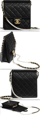 Small Black Flap Bag with Pearl Chain