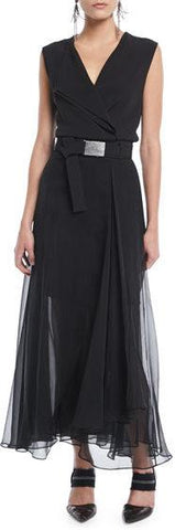 Sleeveless Belted Wrap Dress with Chiffon Bottom