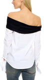 Knit Off-Shoulder Panel Shirt in White - DESIGNER INSPIRED FASHIONS