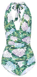 Ruched Hydrangea Printed Halterneck Swimsuit