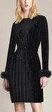 Black Glitter Pleated Dress with Rabbit-Fur-Trim