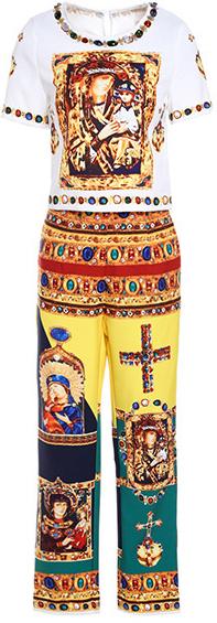 Embellished-Collar Printed Tee & Printed Pant Set