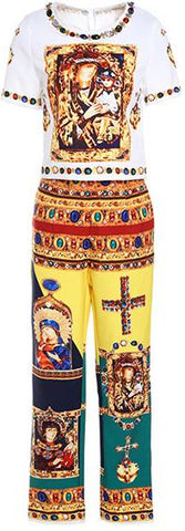 Embellished-Collar Printed Tee & Printed Pant Set