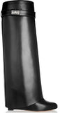 'Shark Lock' Wedge Knee Leather Boots in Black - DESIGNER INSPIRED FASHIONS