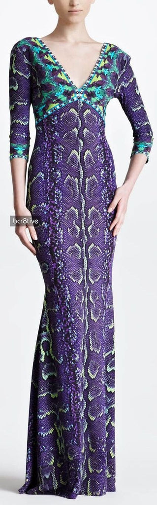 Snake Print V-Neck Jersey Silk Gown-Violet - DESIGNER INSPIRED FASHIONS