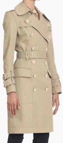 Double-Breasted Knee-Length Gabardine Trench Coat, Khaki