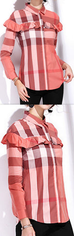 Ruffle Check Print Shirt, Red
